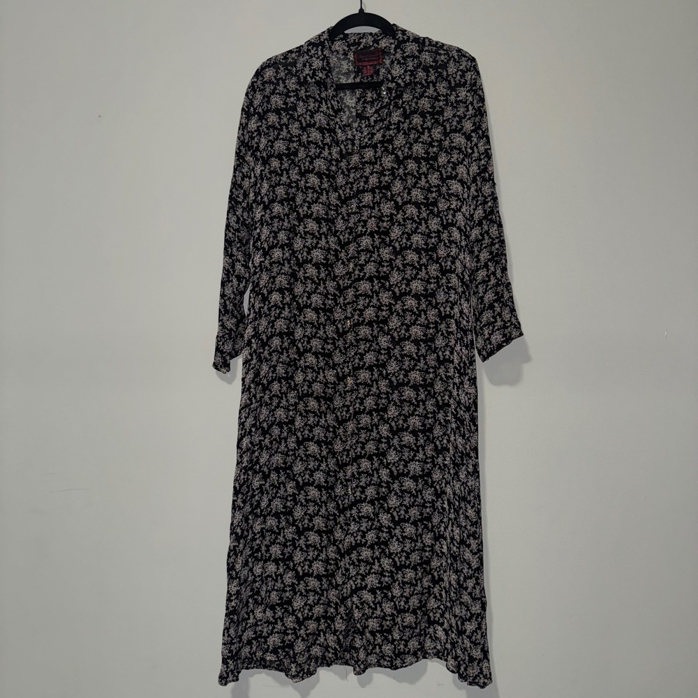 Vintage April Cornell Black Floral Paisley Rayon Button Front Maxi Shirt Dress M